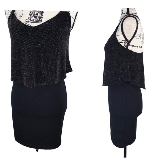 WET SEAL - Metallic Sparkle T-Bar Mini Dress Size S - Black with Gold Metallic - Picture 2 of 14
